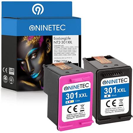 NINETEC EcoLonglife XXL Set van 2 cartridges, compatibel met HP 301XL HP301 Black 20ml & Color 18ml | 135% meer inhoud! | voor HP DeskJet 1000 1055 1510 3055 Envy 4508 5530 5539 OfficeJet 2624 4630 4630 4634 1 UK